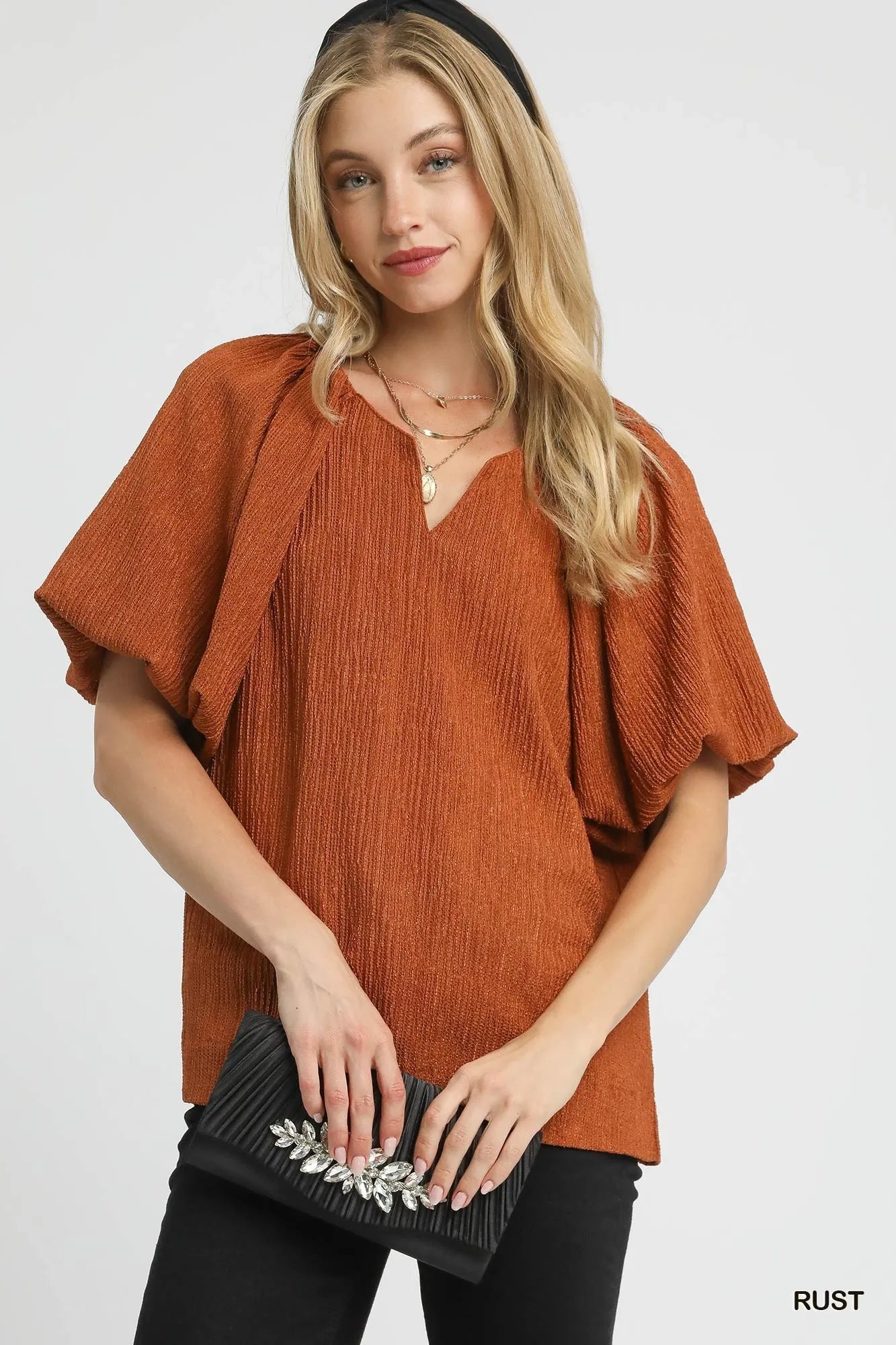 Umgee Rust Textured Flutter Sleeve Notch Neck Top Rust