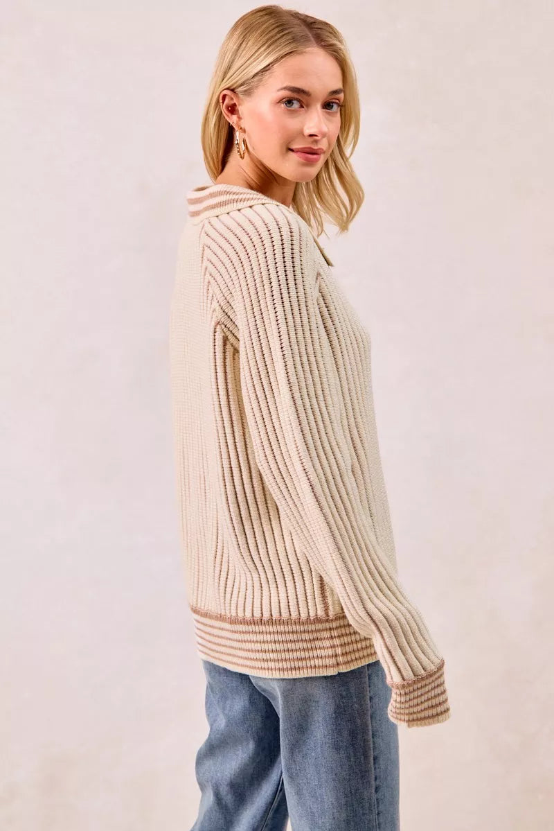 BiBi Cream & Latte Half Button Ribbed Two Tone Sweater