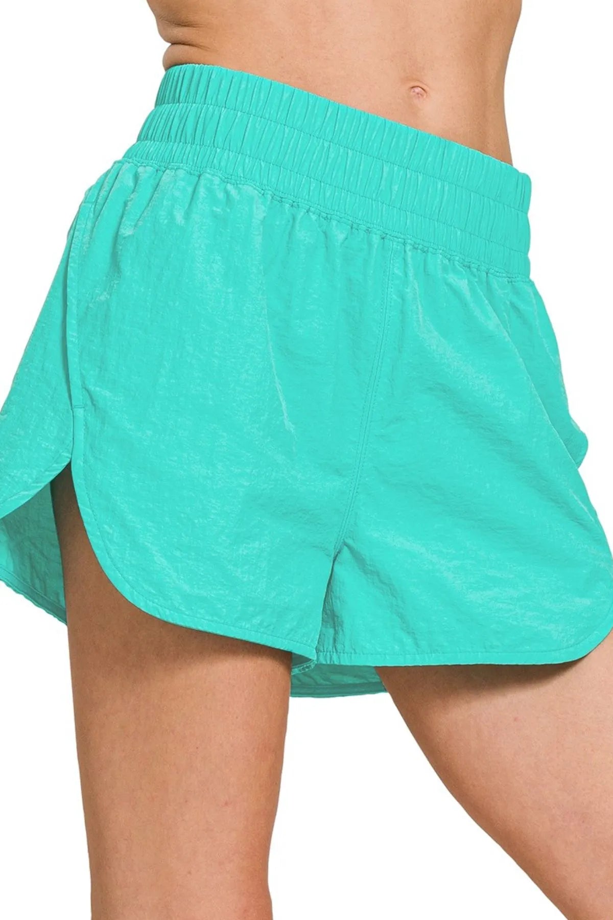 Zenana Turquoise Windbreaker Smocked Waistband Running Shorts TURQUOISE