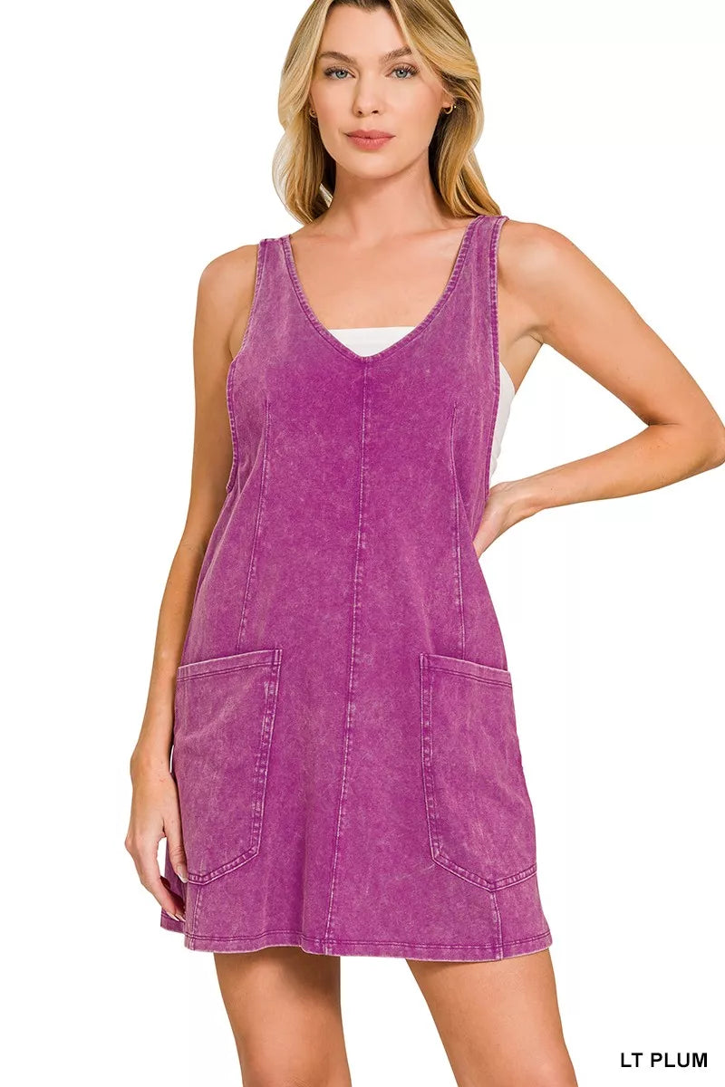 Zenana Light Plum Acid Washed Overall Knit Mini Dress LT PLUM