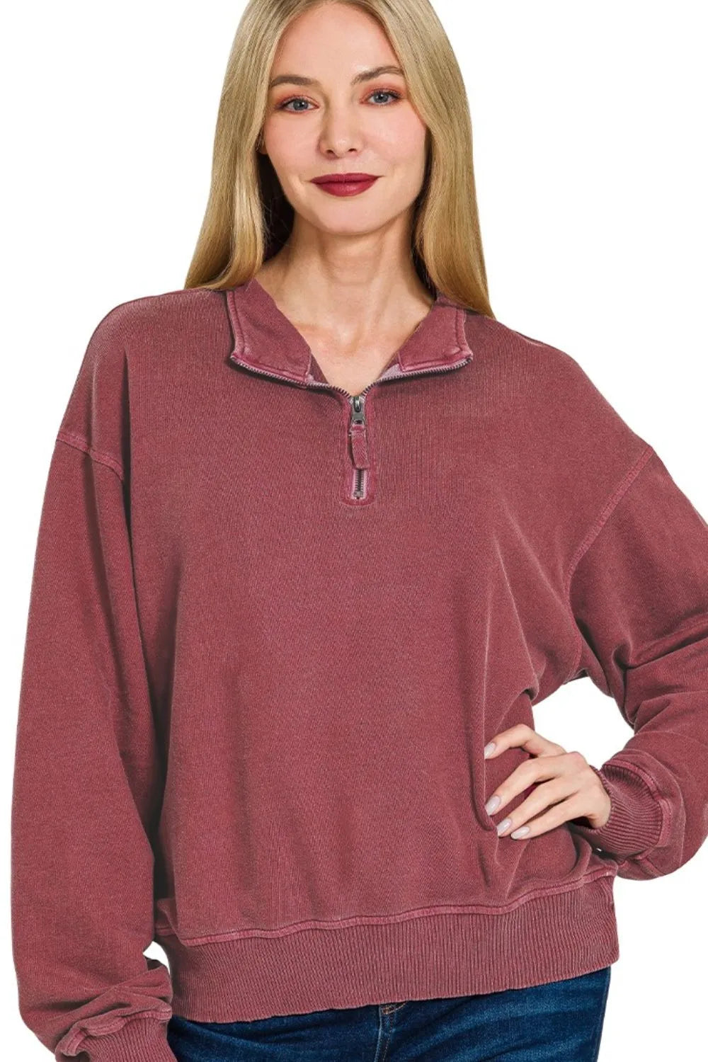 Zenana Cabernet French Terry Pigment & Enzyme Washing Half Zip Top