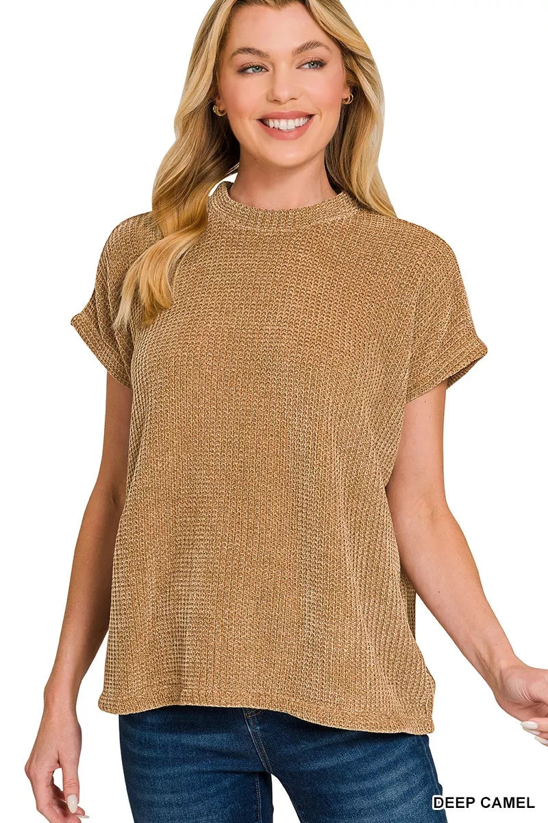 Zenana Deep Camel Chenille Waffle Cap Sleeve Sweater DEEP CAMEL