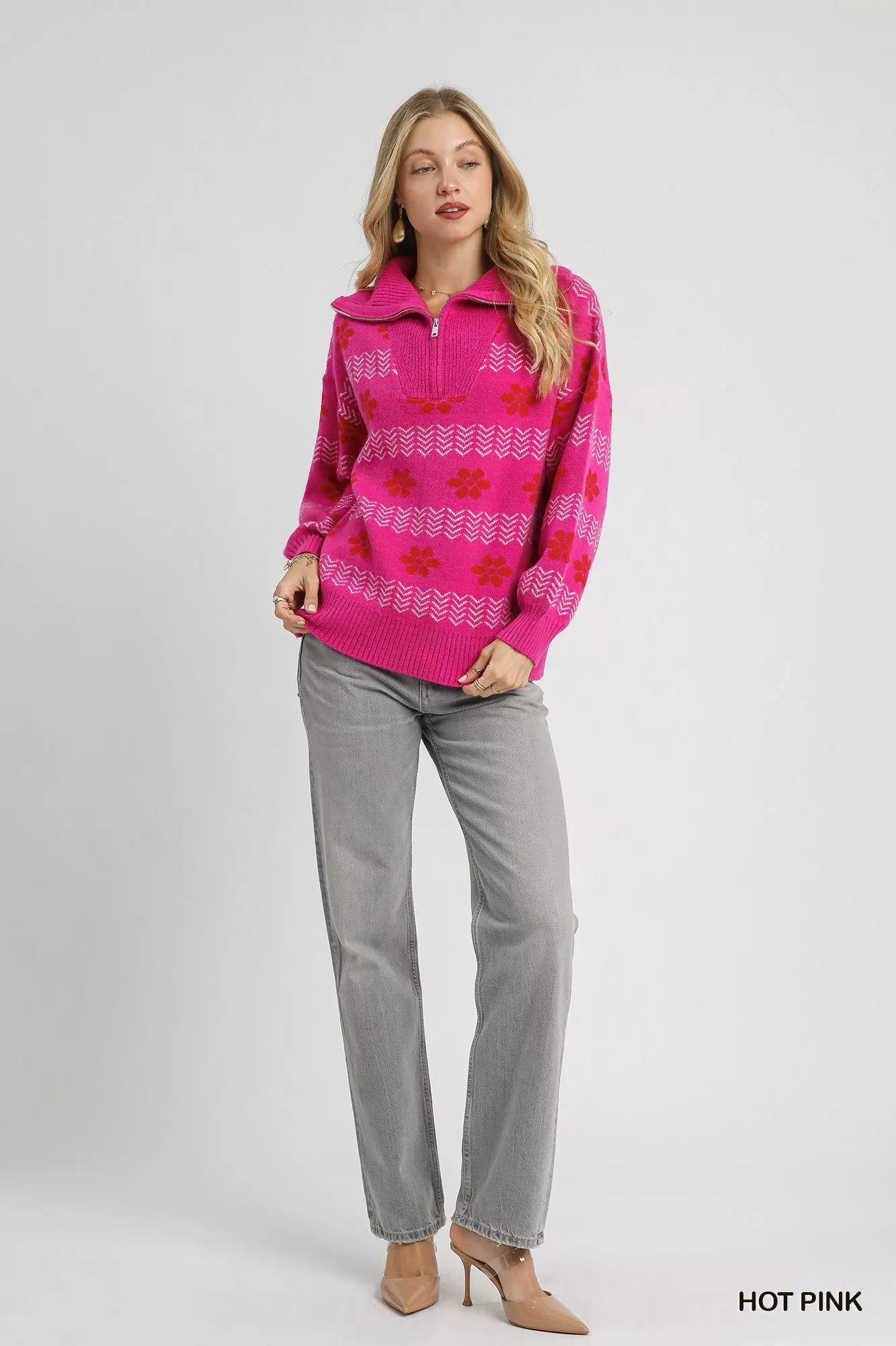 Umgee Hot Pink Floral Patterned Jacquard Quarter-Zip Pullover Sweater