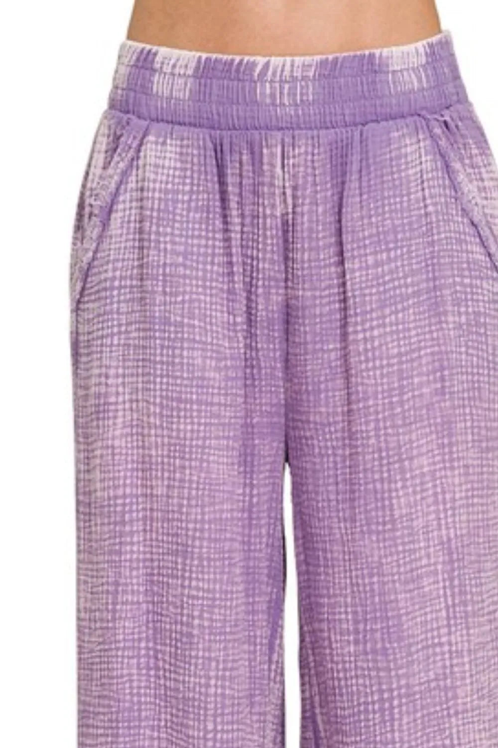 Zenana Lavender Washed Double Gauze Elastic Band Waist Pants