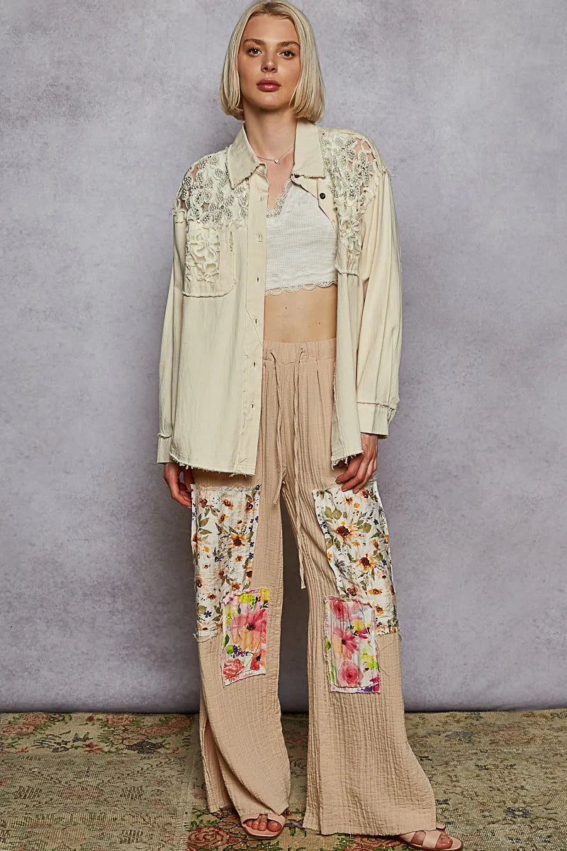 POL Oat Milk Button Down Raw Edge Shirt with Pearl Lace Patch