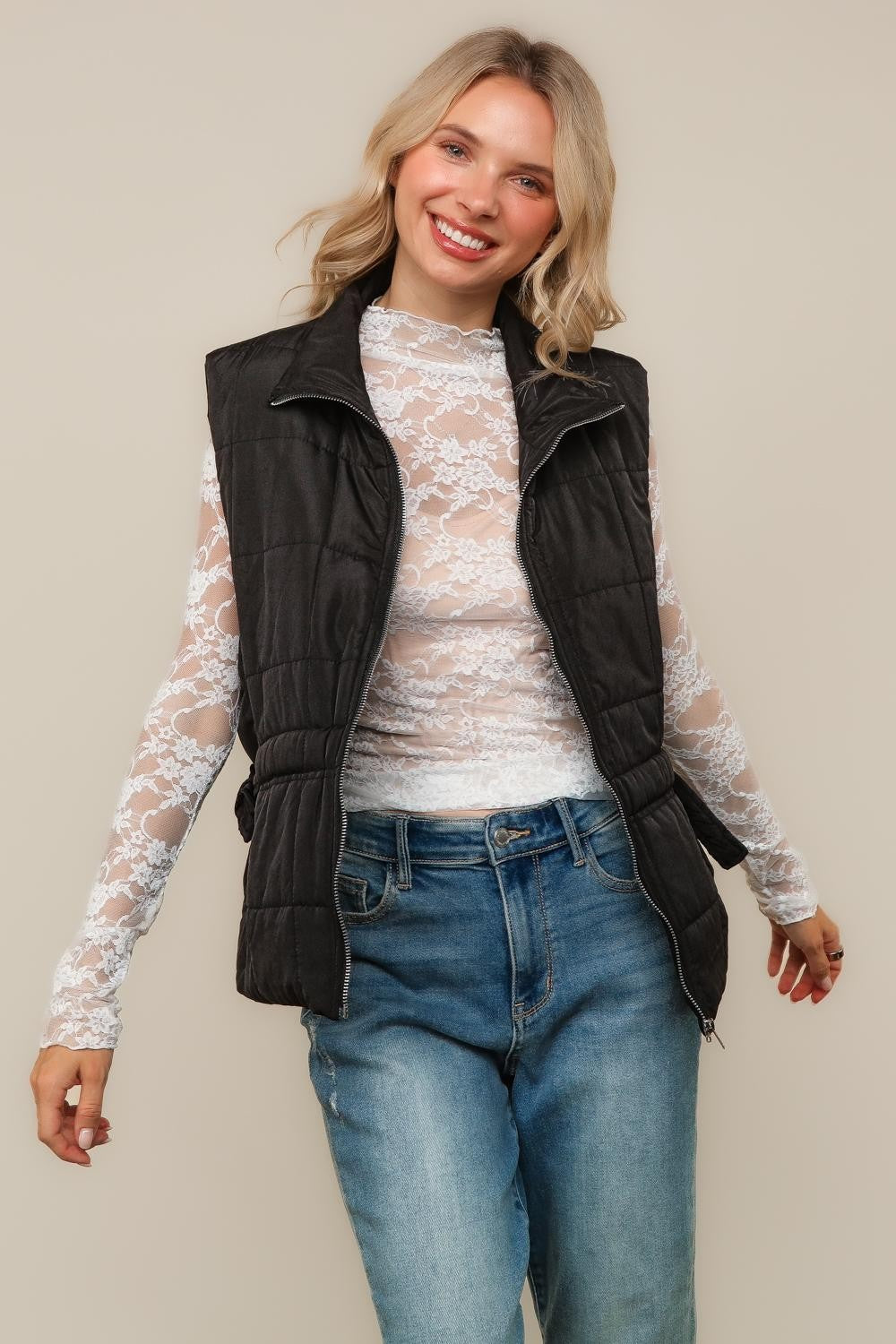 Haptics High Nevk Quilted Zip Up Black Puffer Vest