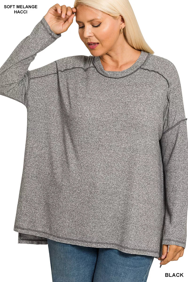 Zenana Black Melange Hacci Exposed Seam Hi-low Tee