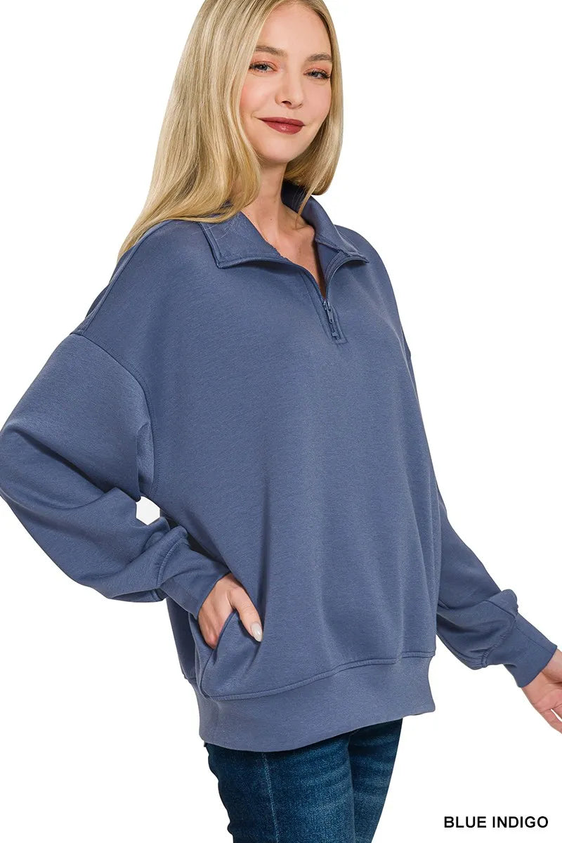 Zenana Blue Indigo Scuba Quarter-Zip Long Sleeve Sweatshirt