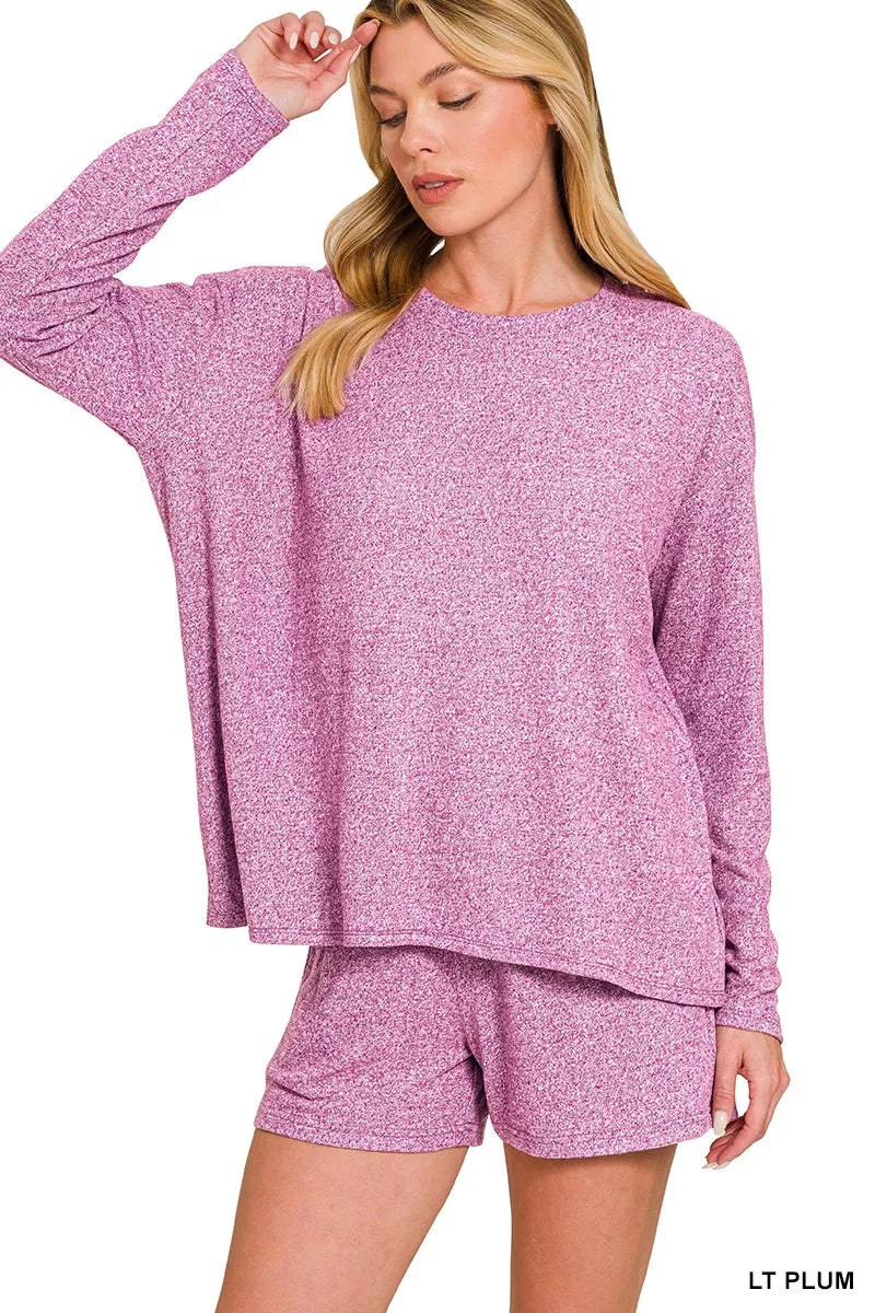 Zenana Light Plum Soft Melange Long Sleeve Tee and Shorts Set