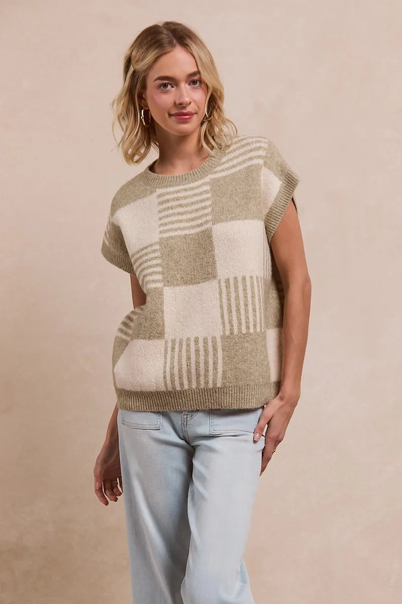 BiBi Olive & Ivory Checker With Stripes Pattern Sleeveless Sweater