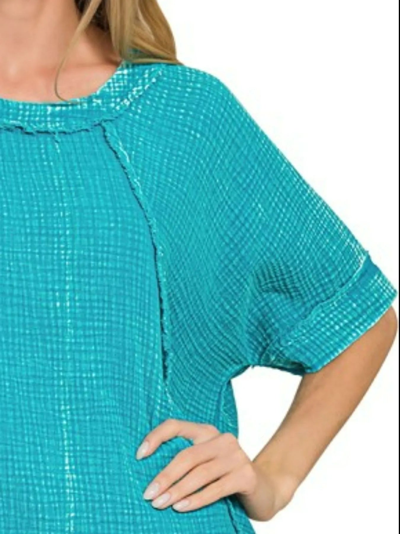 Zenana Light Teal Washed Double Gauze Exposed Seam Raglan Short Sleeve Top
