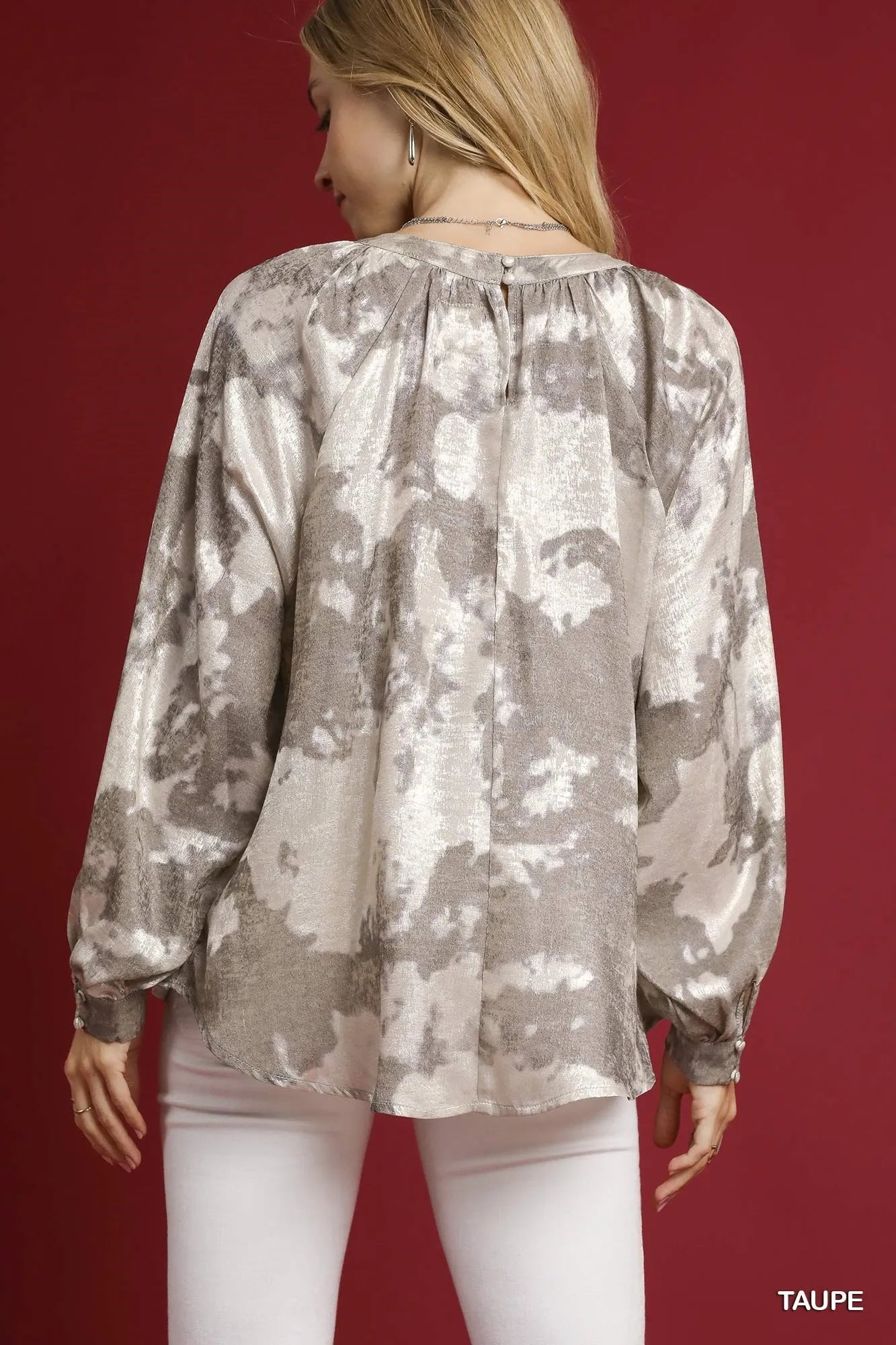 Umgee Taupe Metallic Fabric Blouse with Balloon Sleeves