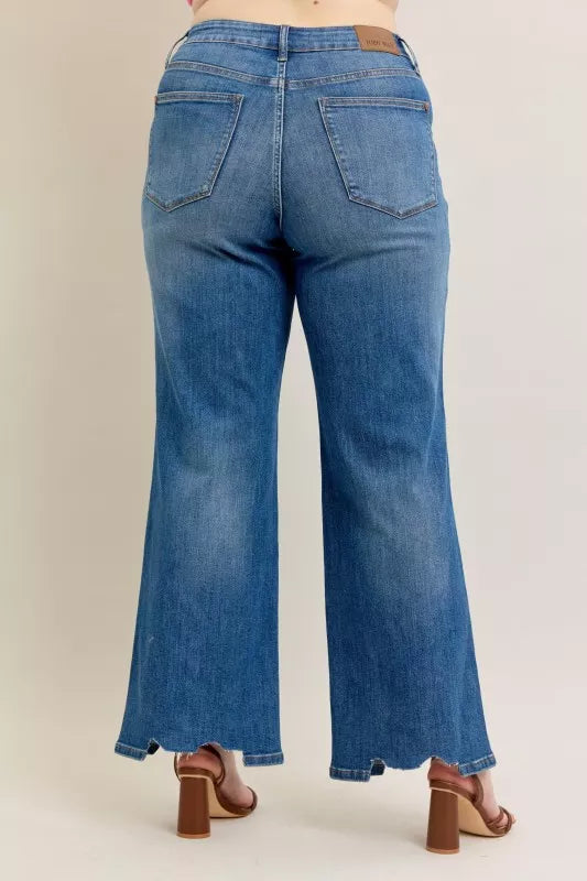 Judy Blue Medium Washed High Waist Tummy Control Chew Hem Destroyed Wide Jeans