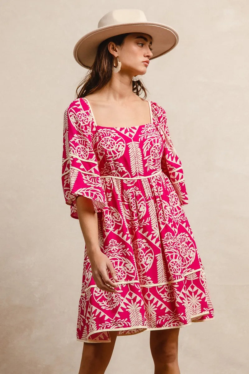 BiBi Fuchsia Aztec Woven Printed Contrast Binding Dress