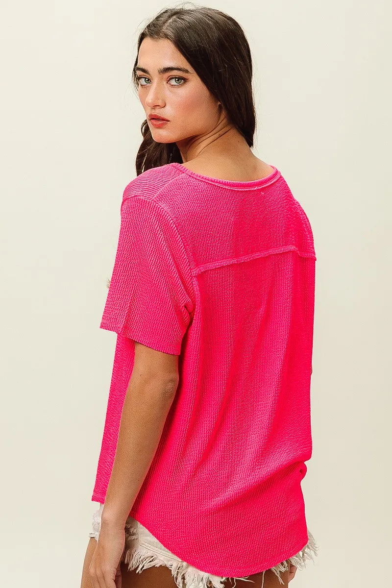 BiBi Fuchsia Waved Rib U Neck Top With Front Pocket