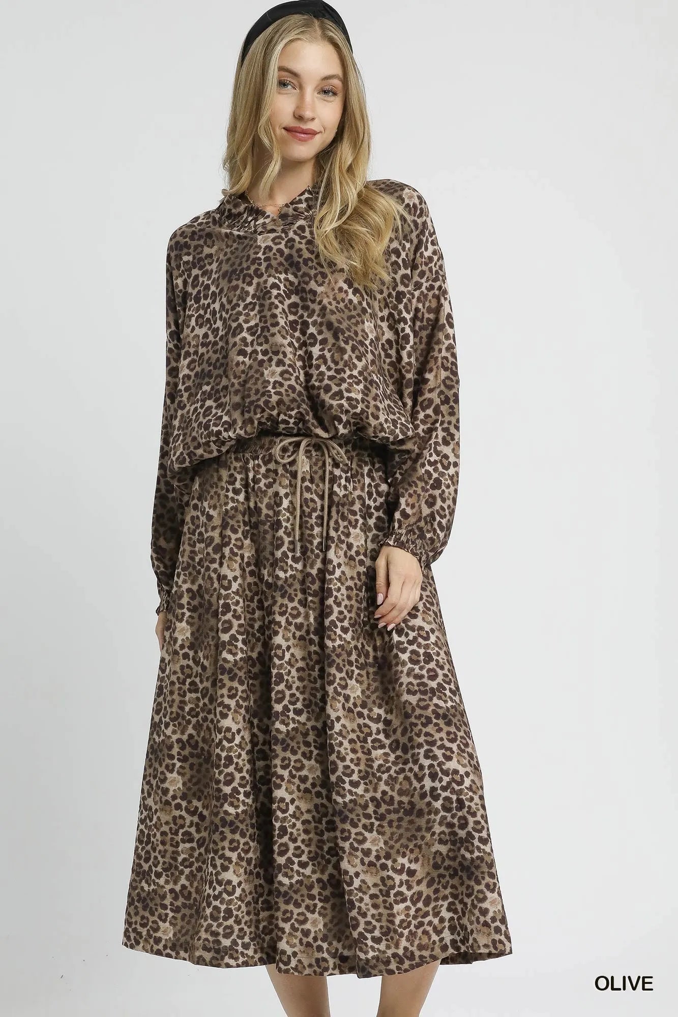 Umgee Olive Drawstring Leopard Midi Skirt