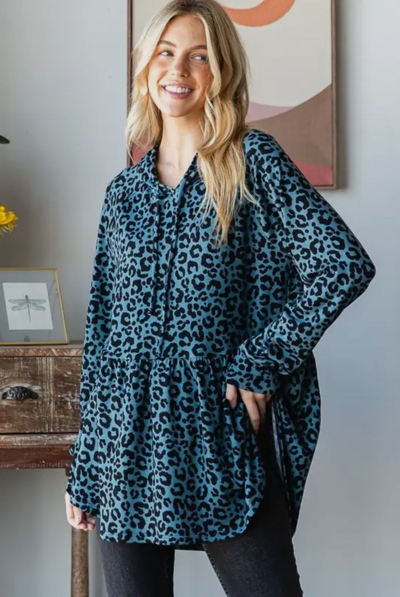 Heimish Teal Leopard Print Puff Sleeve Hooded Top Shirts & Tops