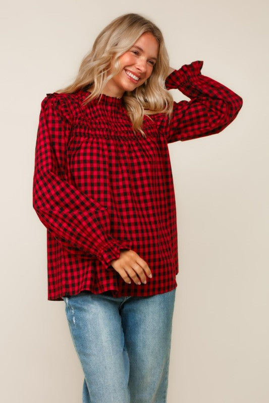 Haptics Red Frilled Mock Neck Gingham Check Woven Blouse