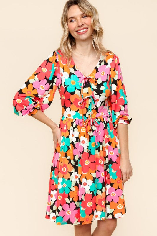 Haptics Little Bold V-Neck Ribbon Bow Detail Floral Knit Dress Womens