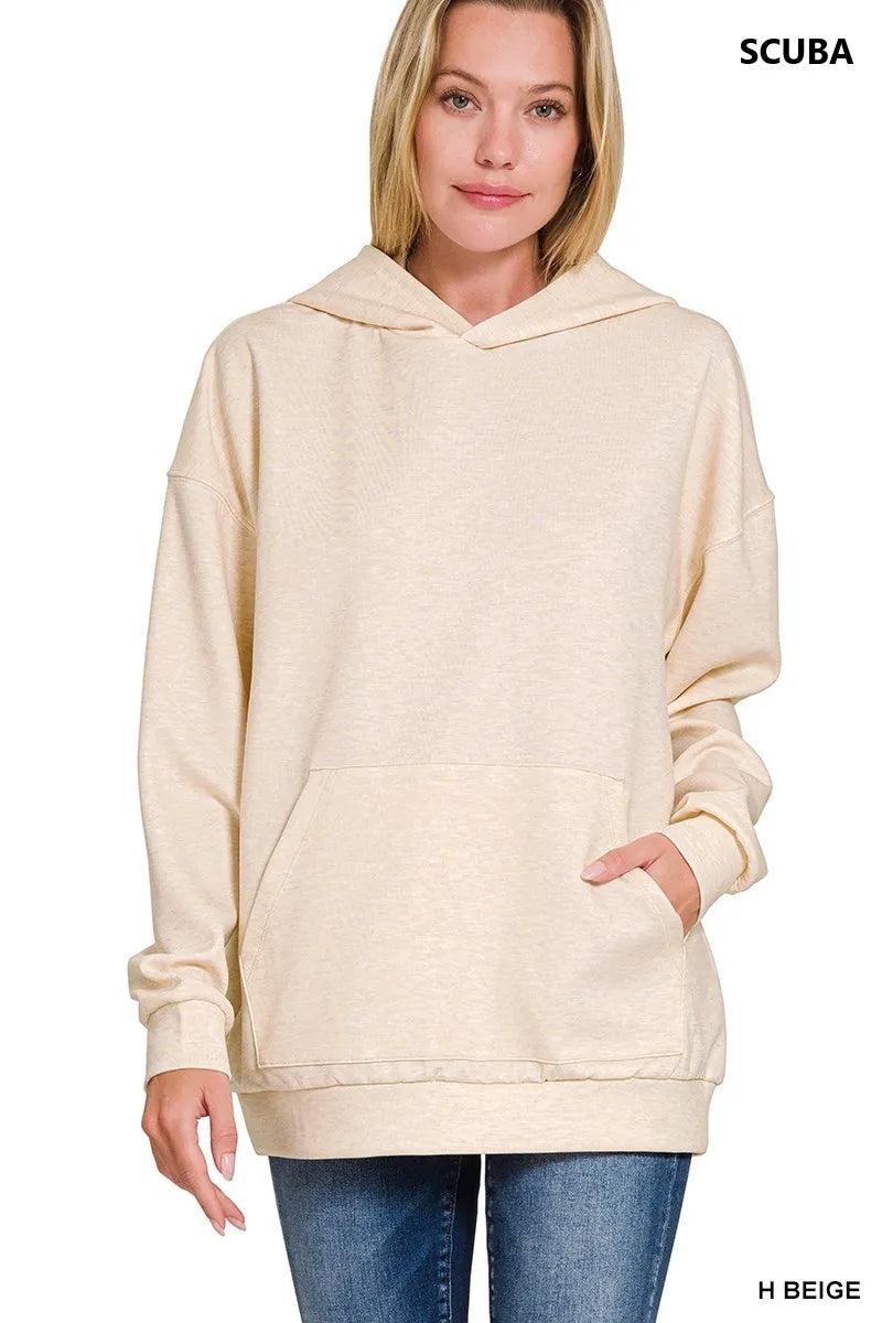 Zenana Heather Beige Oversized Scuba Hoodie with Kangaroo Pocket