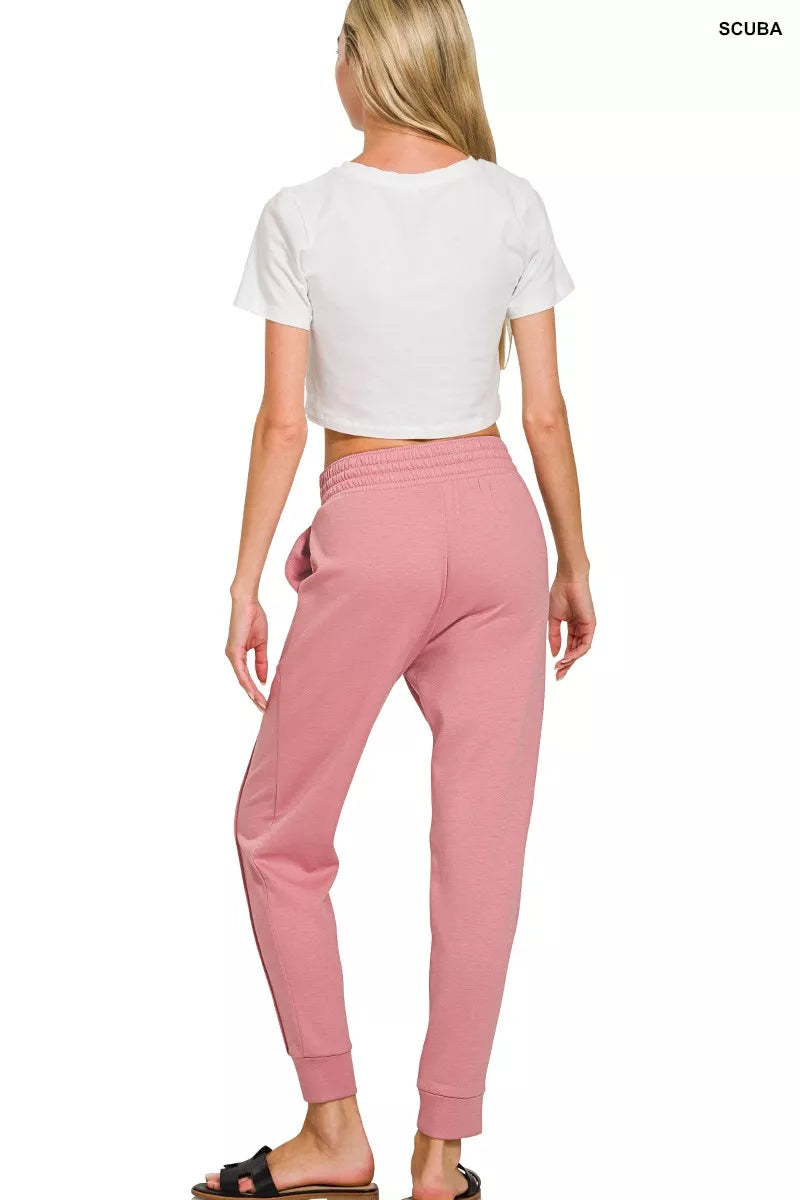 Zenana Light Rose Scuba Half Zip Pullover and Jogger Set