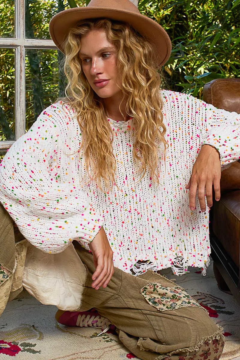 POL White Pink Round Neck Fringed Hem Sweater