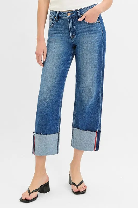 RISEN Tummy Control Mid Rise Crop Wide Cuffed Jeans DARK