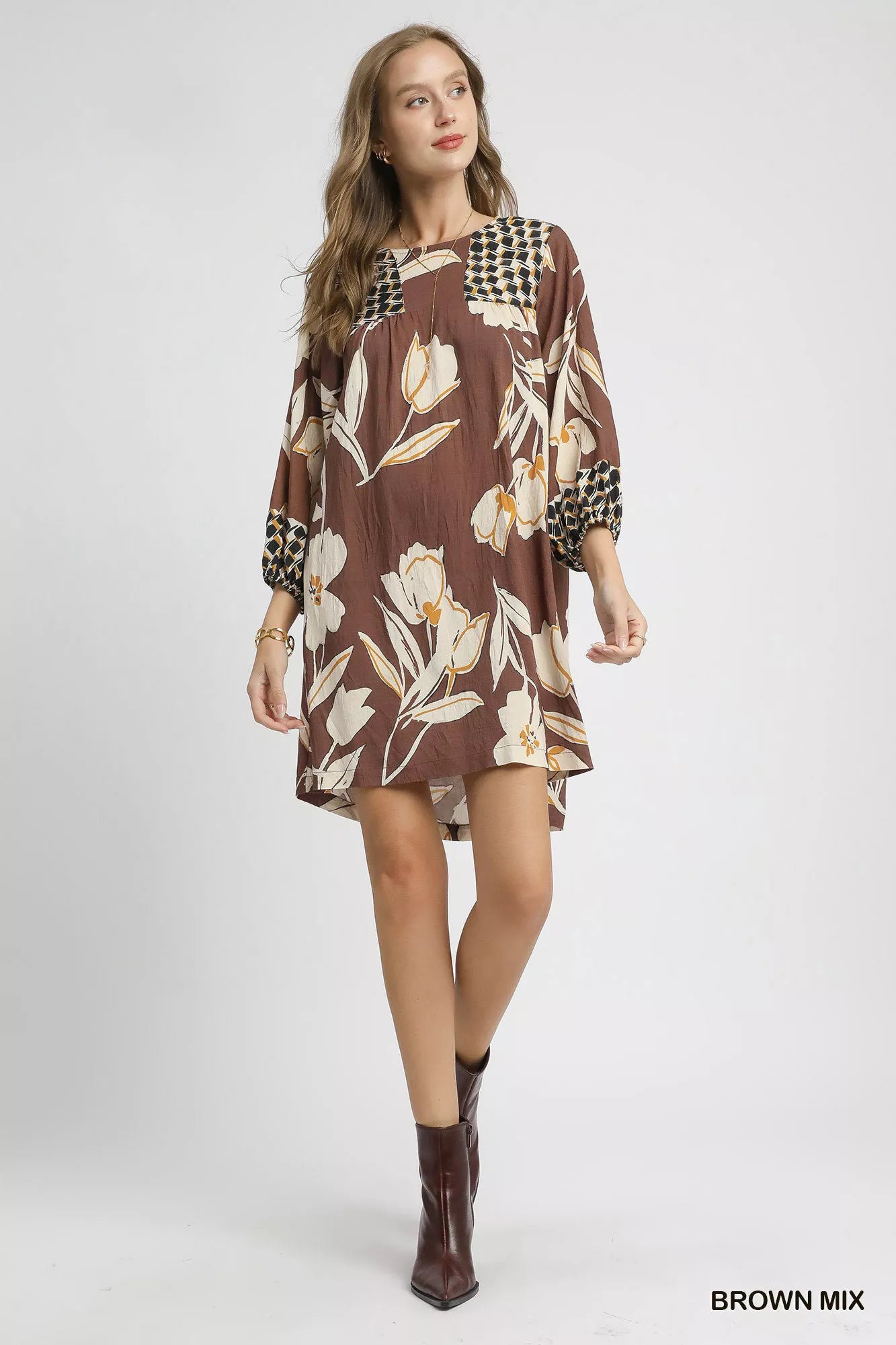 Umgee Brown Mix Floral High-Low Babydoll Dress