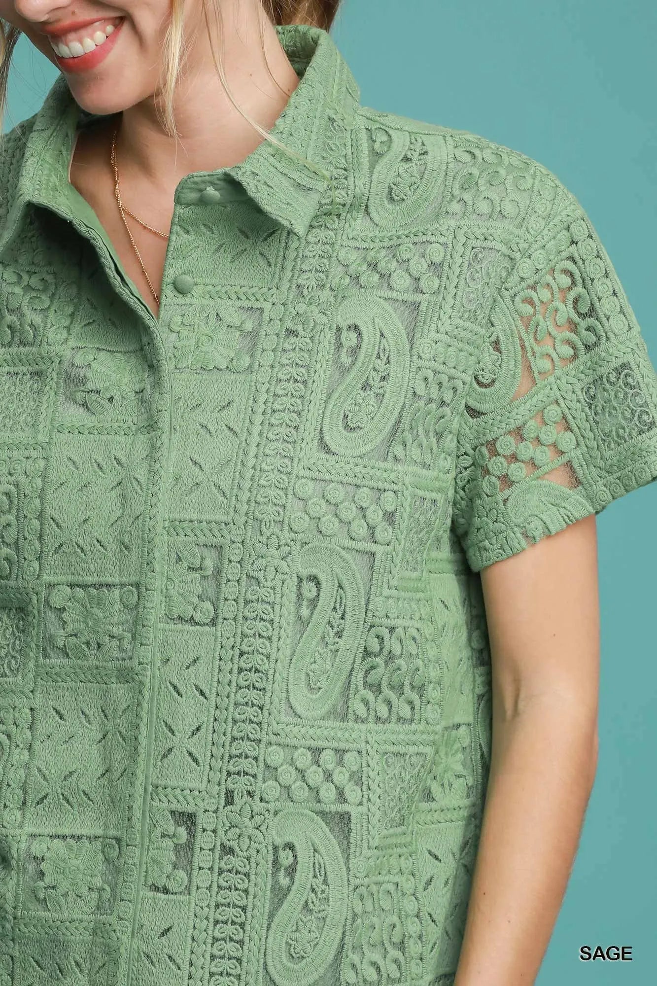 Umgee Sage Patch Lace Short Sleeve Button Down Shirt