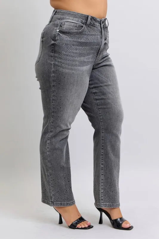 Judy Blue Gray High Waist Rhinestone Straight Jeans