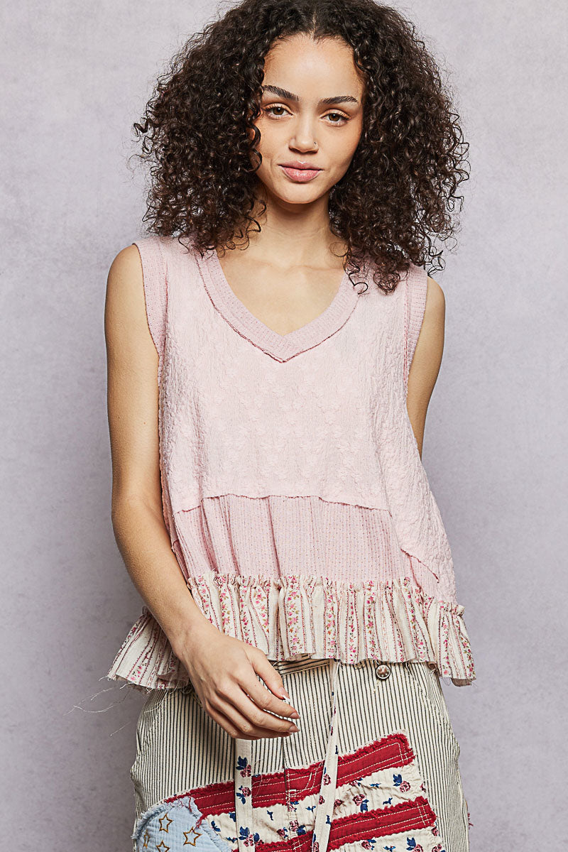 POL Blush Floral Print V-Neck Textured Tank