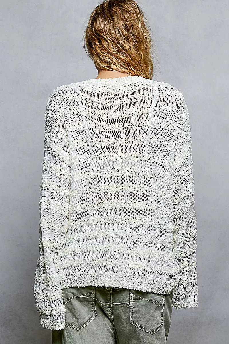 Stripe Off White Pattern V-Neck Long Sleeve Knit Top