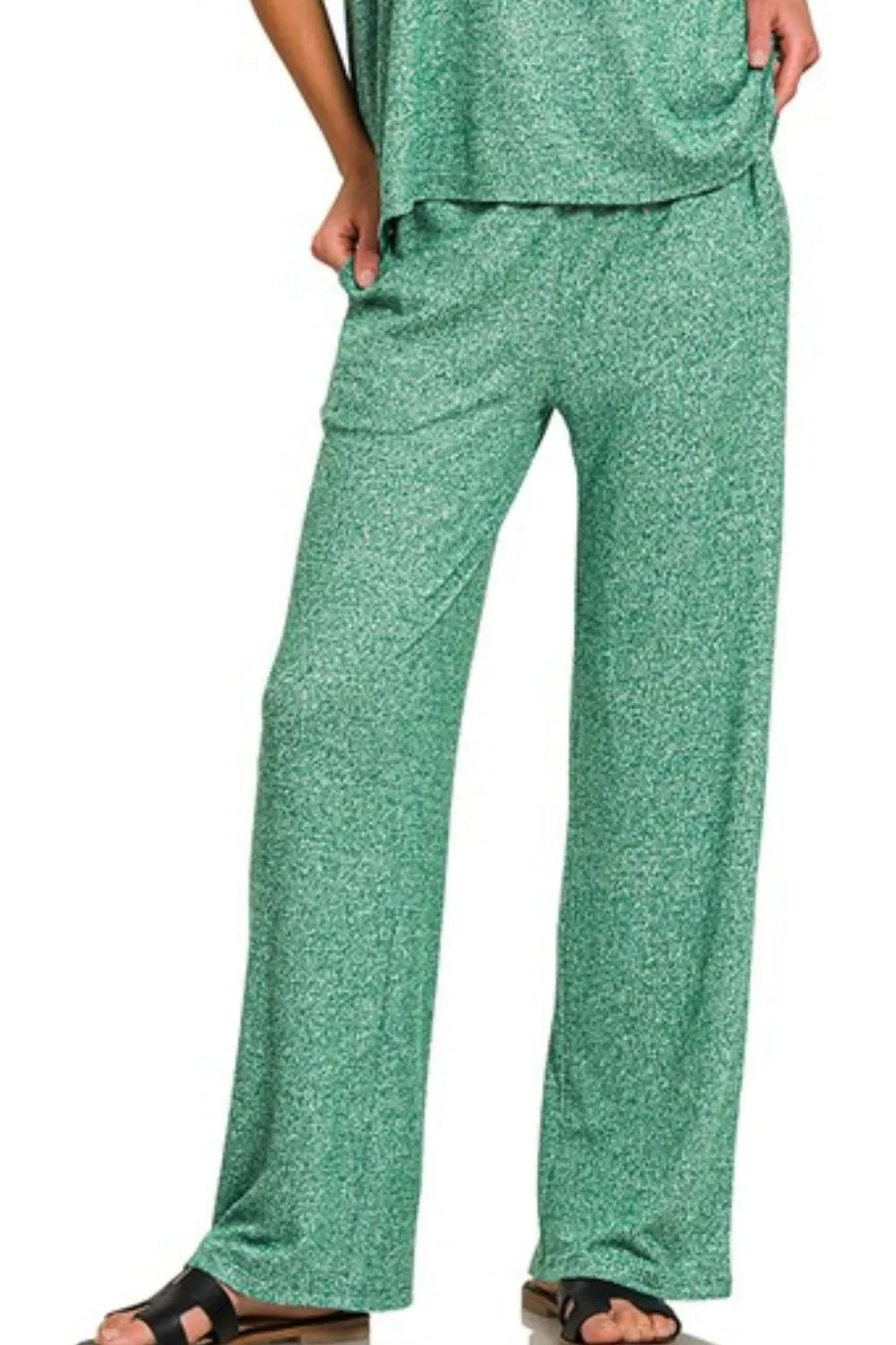 Zenana Dark Green Soft Melange Short Sleeve Tee & Long Pants Set