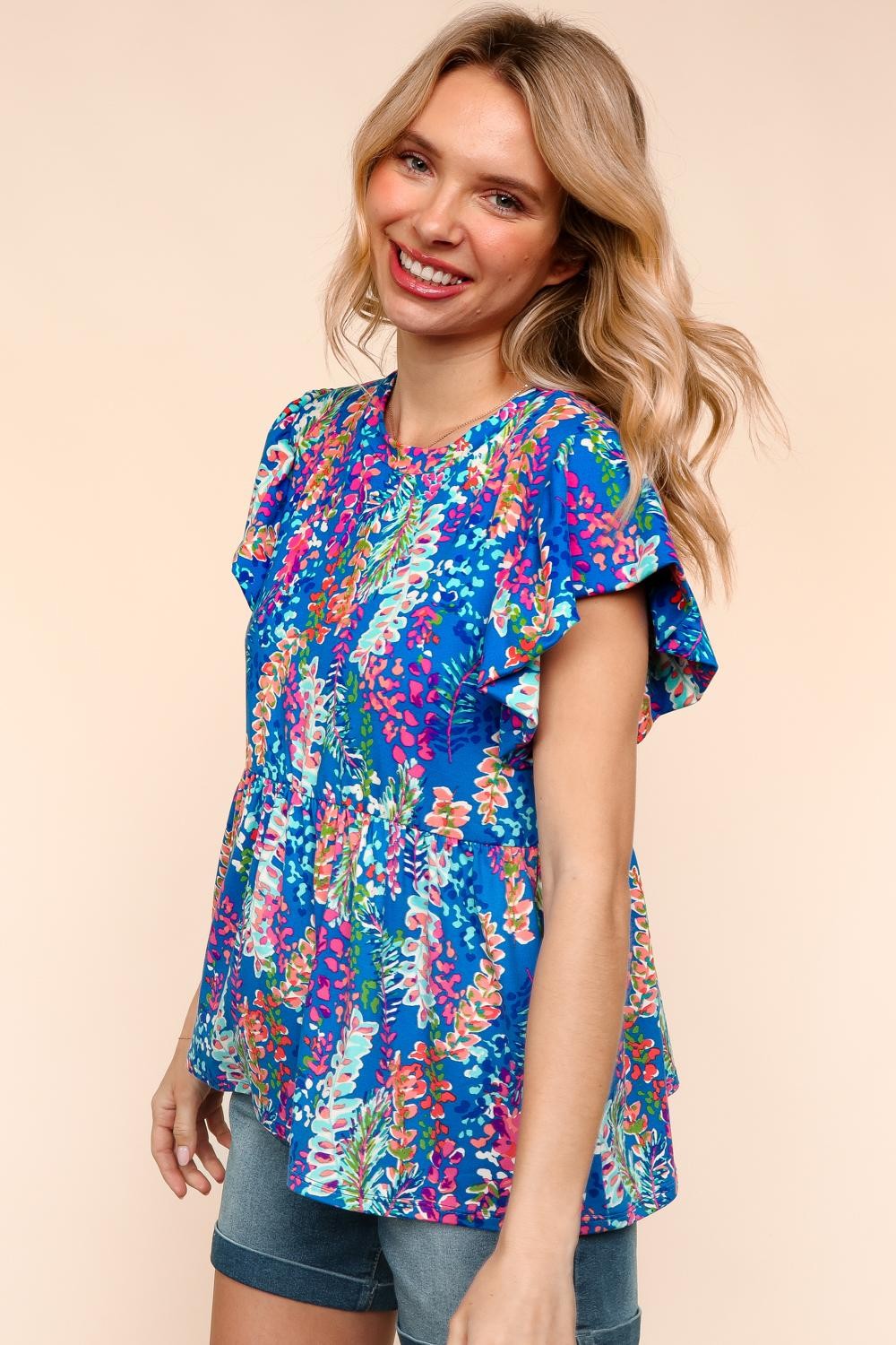 Haptics Blue Floral Babydoll Butter Smooth Knit Top
