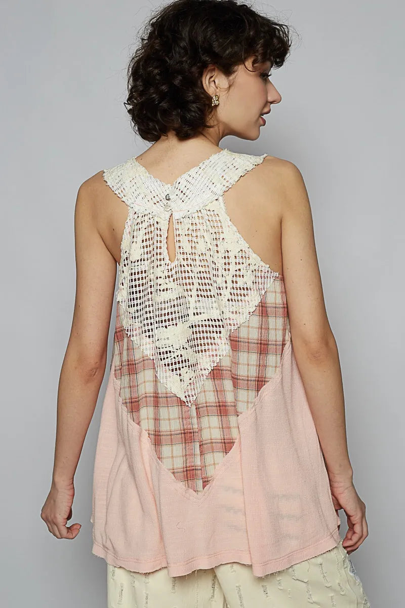 POL Crochet Lace Plaid Panel Detail Tank in Watermelon Pink