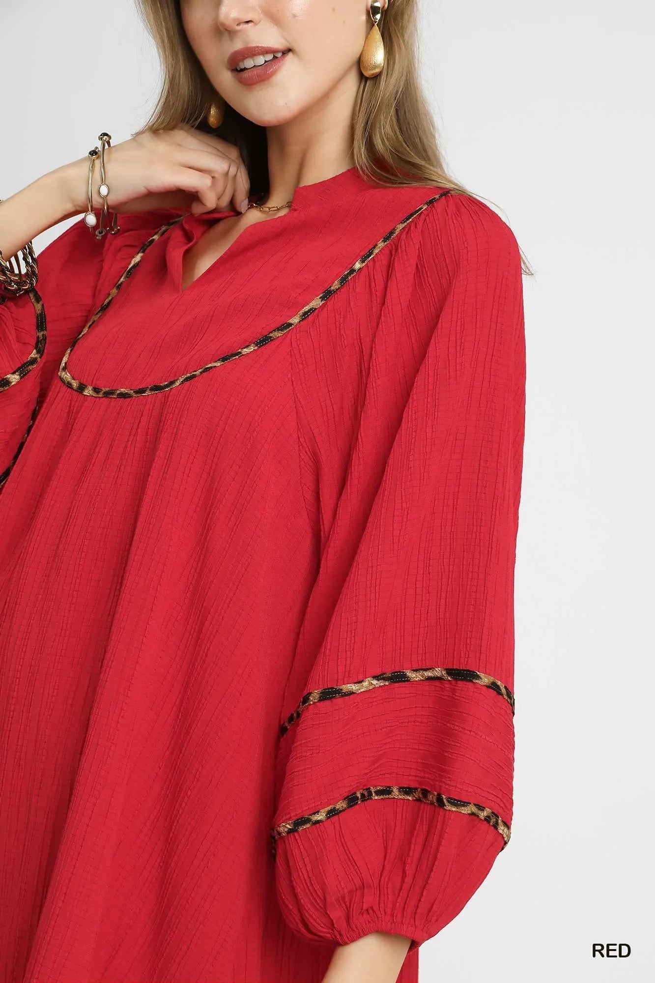 Umgee Red Textured Babydoll Dress with Leopard Trim
