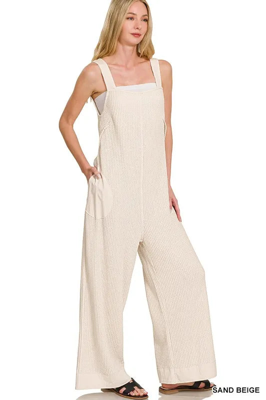 Zenana Sand Beige Knit Waffle Wide Leg Overalls SAND BEIGE