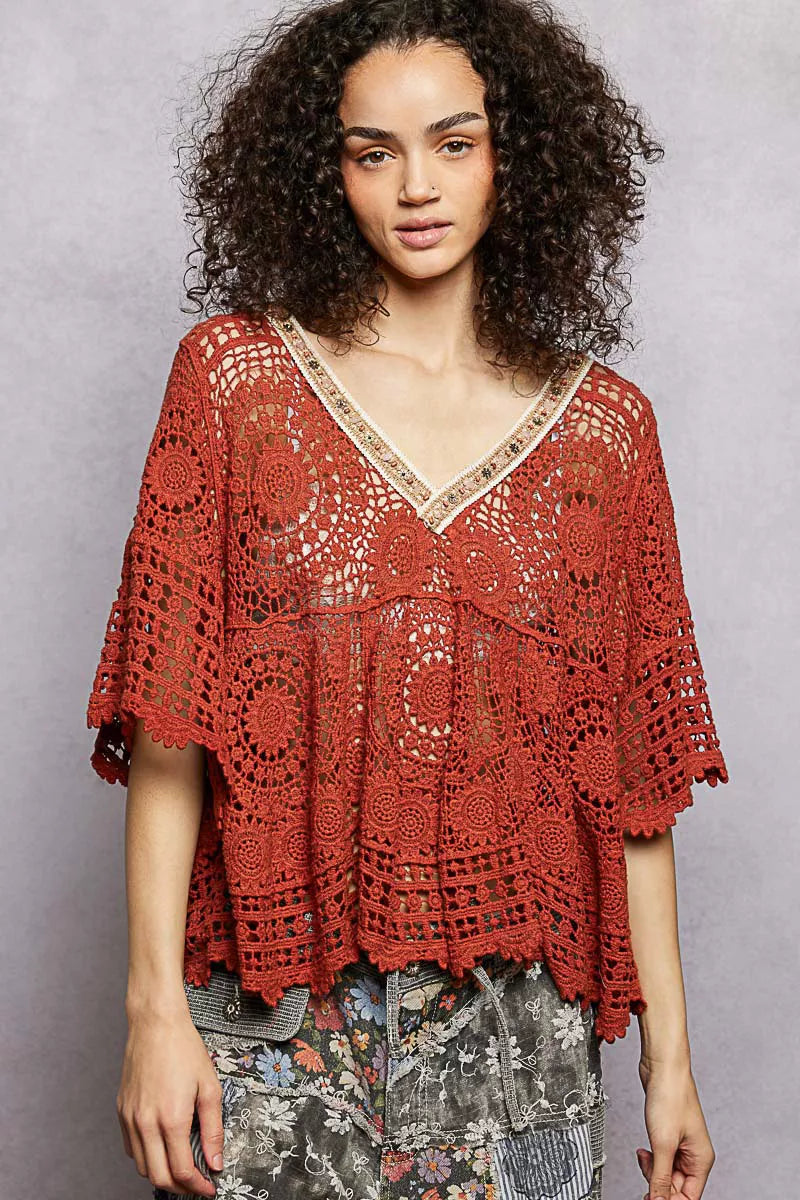 POL Ginger V-Neck Crochet Top with Scalloped Hem GINGER One Size