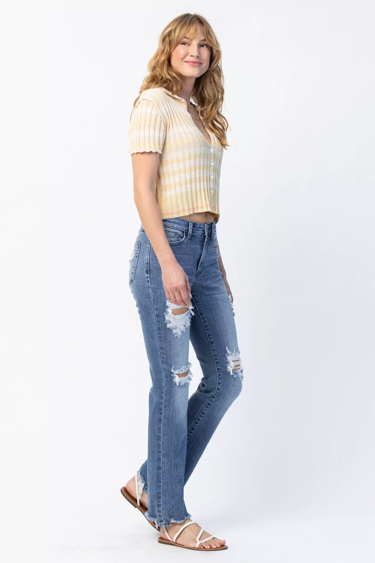 Judy Blue Medium Washed Mid Rise Destroyed Straight Jeans