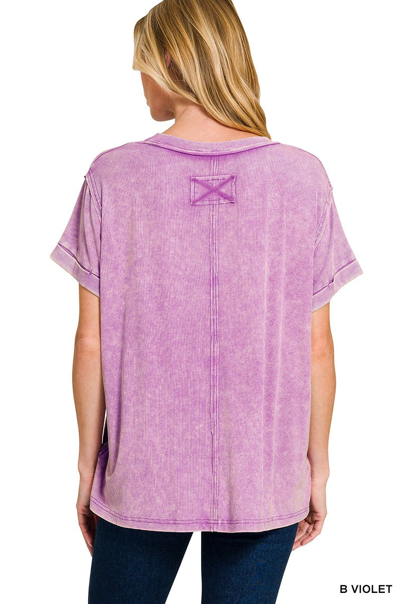 Zenana Bright Violet Washed Ribbed Cuffed Short Sleeve Round Neck Top