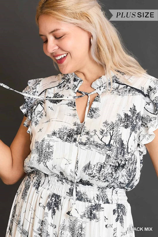 Umgee Black Two Tone Landscape Print Midi Dress with Metallic Threads