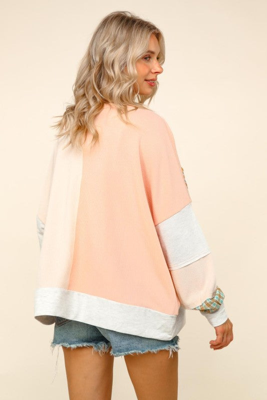 Haptics Haptics Round Neck Bubble Long Sleeve Plaid Flower Patch Color Block Pullover in Peach / Oatmeal