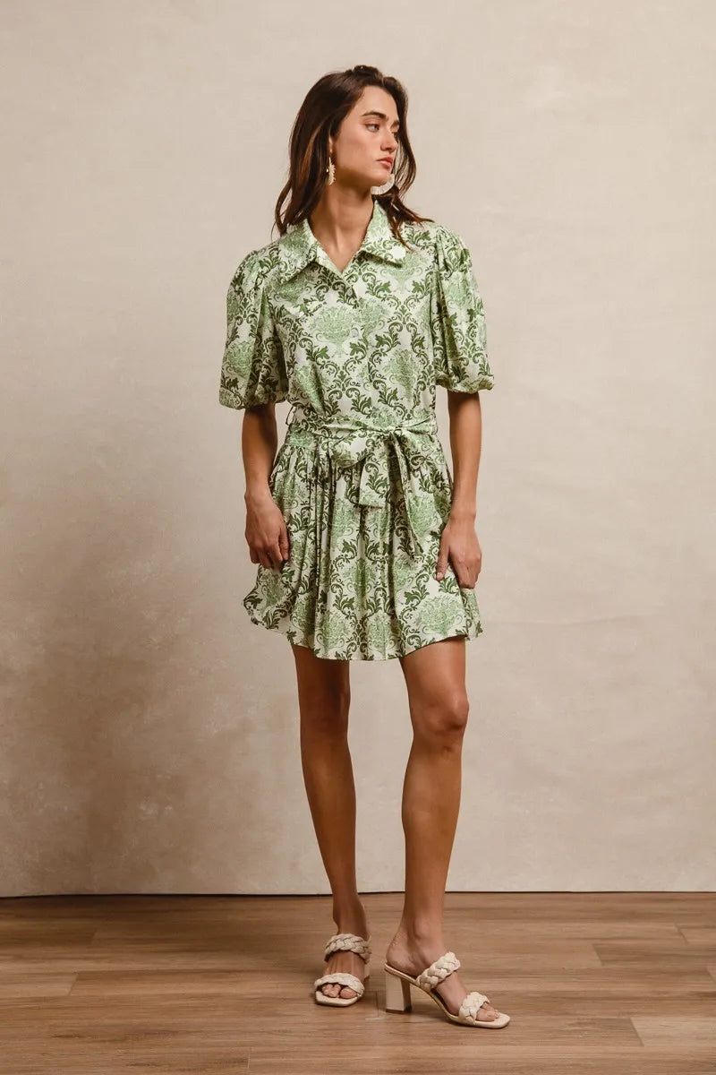BiBi Tied Floral Short Sleeve Mini Shirt Dress in Green & Cream