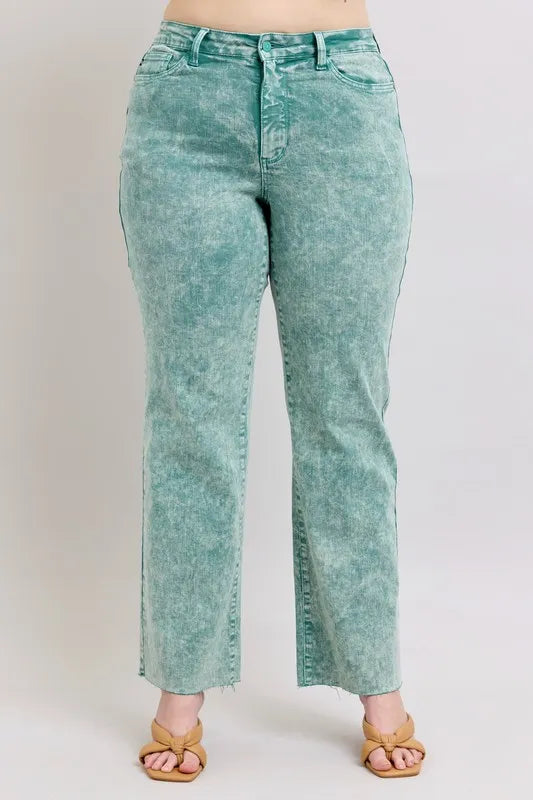 Judy Blue Sea Green High Waist Garment Dyed Raw Hem Dad Jeans