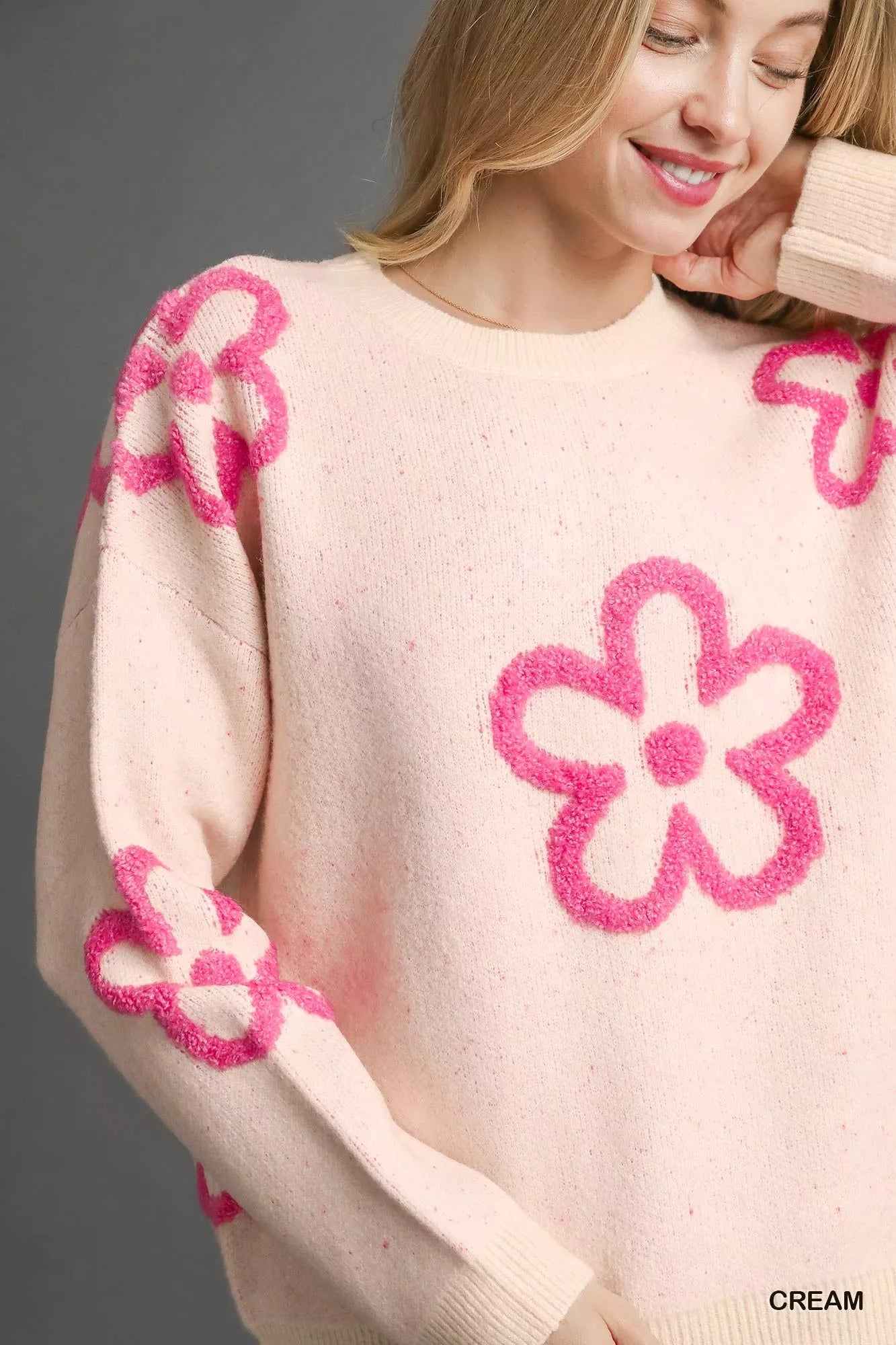 Umgee Cream & Pink Round Neck Sweater with Pink Floral Accents