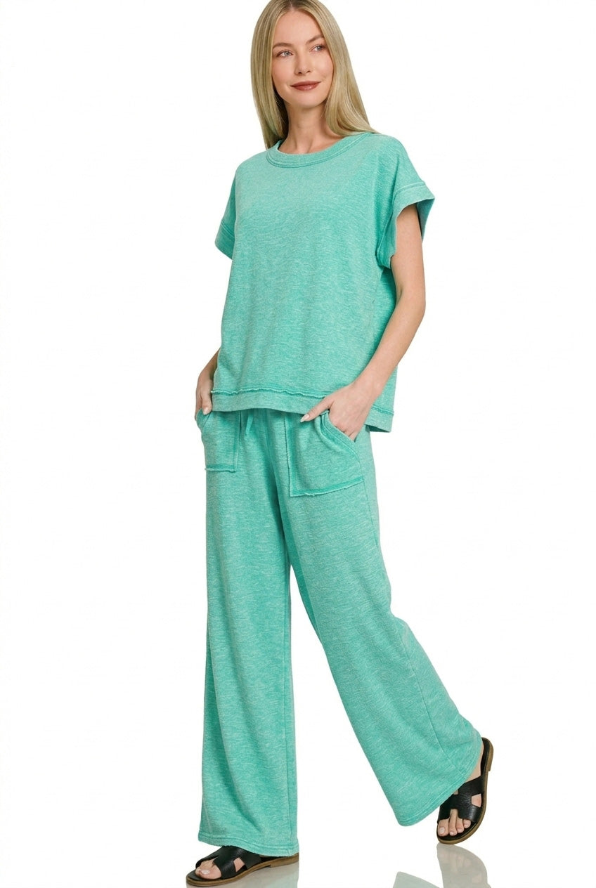 Zenana Turquoise Washed Slub Short Sleeve Tee & Long Pants Set
