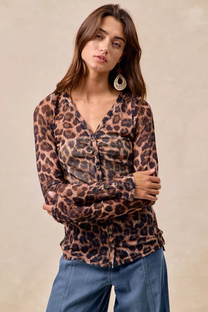 BiBi Leopard Printed Mesh Shirt With Button Up V Neck