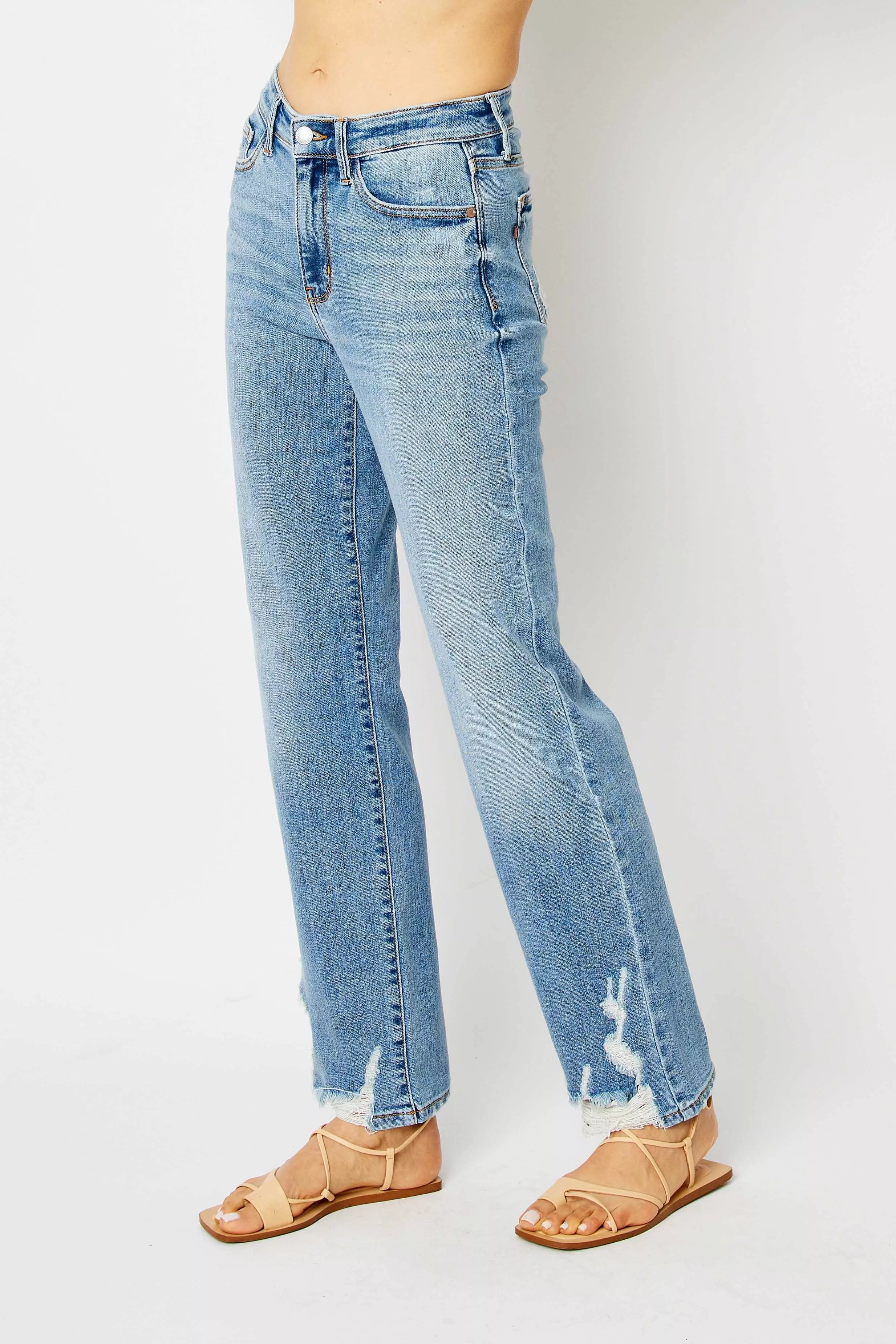 Judy Blue Medium Washed High Waist Straight Jeans with Heavy Destroy Hem