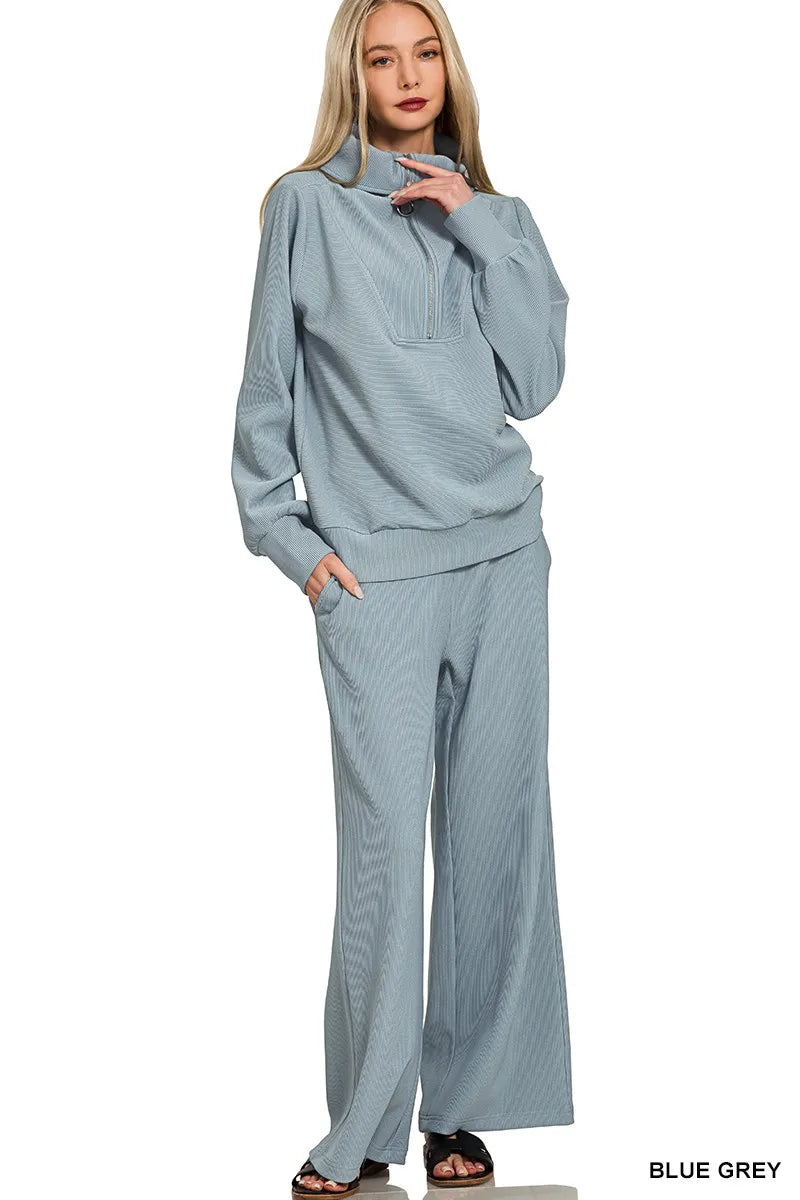 Zenana Blue Grey Ribbed High Neck Half Zip Pullover & Pants Set