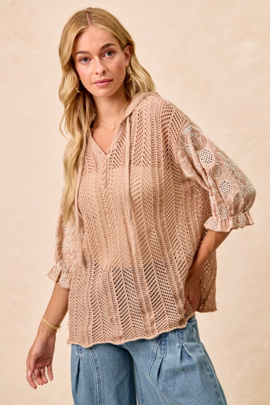 BiBi Taupe Jacquard Flower Puff Sleeve Hooded Knit Top